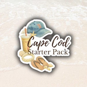 May include: Watercolor illustration of a "Cape Cod Starter Pack" sticker. The sticker includes a blue baseball cap, iced coffee, flip-flops, a starfish, and a woven bracelet. The text "Cape Cod Starter Pack" is in brown script.