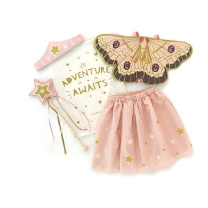 Butterfly Fairy Gift Set, Pink + Gold Wings, Skirt, Tiara, Wand, Reusable Cotton Bag, Holiday Gift