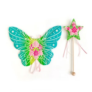 Flower Fairy Wing Wand Set, Colorful Faerie Costume for Birthday, Wood Sprite for toddlers, Handmade Gift image 1