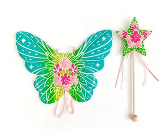 Flower Fairy Wing + Wand Set, Colorful Faerie Costume for Birthday, Wood Sprite for toddlers, Handmade Gift