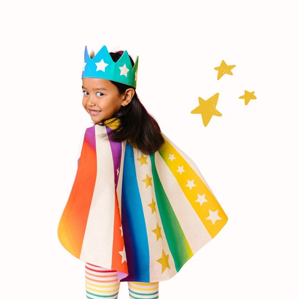 Rainbow Superhero Cape for Kids, Multi Color Crown, Pretend Play Unisex Birthday Gift for kids, Rainbow Crown, Handmade by lovelane