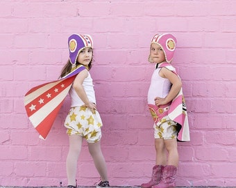 Retro Moto Hat and Cape set - Superhero Girls Costume - Superhero Cape and Helmet - Birthday Gift for Girl - Super Girl - Costume Play