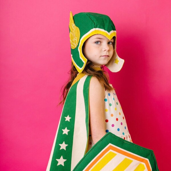 Green Super Hero Costume - Child Pretend Play Set - Superhero Hat & Cape- Handmade Gift for Kids- Retro costume by Lovelane