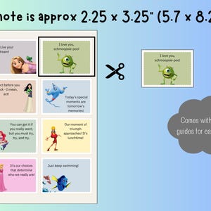 Pode incluir: Conjunto imprim&iacute;vel de oito cart&otilde;es de 5,7 x 8,2 cm com personagens e cita&ccedil;&otilde;es da Disney. Os cart&otilde;es s&atilde;o projetados para serem recortados e usados como notas ou lembretes. O conjunto inclui um par de tesouras e uma nota que diz "Vem com guias de tesoura para corte f&aacute;cil".
