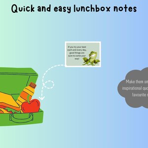 Pode incluir: Uma lancheira verde com um sandu&iacute;che, uma ma&ccedil;&atilde; e uma caixa de suco dentro. Um bilhete com um sapo verde e o texto "Se voc&ecirc; tentar o seu melhor todos os dias, coisas boas certamente vir&atilde;o em seu caminho!" &eacute; mostrado ao lado da lancheira. O texto "Fa&ccedil;a-os sorrir com uma cita&ccedil;&atilde;o inspiradora do filme favorito deles!" est&aacute; escrito em uma nuvem cinza. A imagem tem um fundo azul com um logotipo de raposa azul no canto inferior direito.