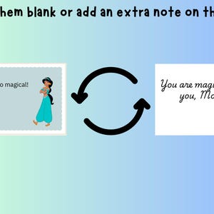 Pode incluir: Dois cart&otilde;es em branco com um esquema de cores azul e verde. O cart&atilde;o &agrave; esquerda apresenta uma imagem de desenho animado da princesa Jasmine de Aladdin. O cart&atilde;o &agrave; direita tem o texto "You are magic! I love you, Mom x".