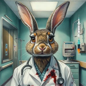 May include: A brown rabbit wearing a white doctor's coat with blood splatters. The rabbit has a stethoscope around its neck and is looking directly at the viewer. There is a syringe and a medical monitor in the background.