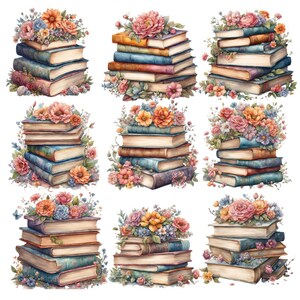 Puede incluir: Nueve pilas de libros vintage con detalles florales. Cada pila está decorada con una variedad de flores en tonos rosa, morado, amarillo y azul. Los libros están dispuestos de forma simétrica, con las flores cayendo en cascada por los lados.