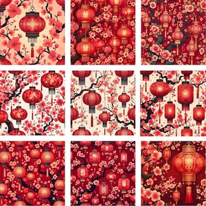 May include: Nine different patterns of red and white Chinese lanterns hanging from branches with pink blossoms. The lanterns are various shapes and sizes.
