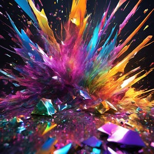 May include: Abstract digital art showing a colourful explosion. The image features a burst of rainbow hues, including pink, purple, blue, yellow, and orange, with sharp, crystalline shards scattered throughout.