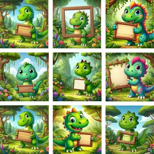 May include: Nine cartoon illustrations of friendly green dinosaurs holding blank signs or frames. The dinosaurs are set against a lush, colorful forest backdrop with trees, flowers, and foliage. Each dinosaur has a unique design.