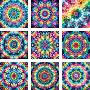 May include: Nine colourful mandala designs with a rainbow colour scheme. Each mandala has a circular pattern with intricate details.