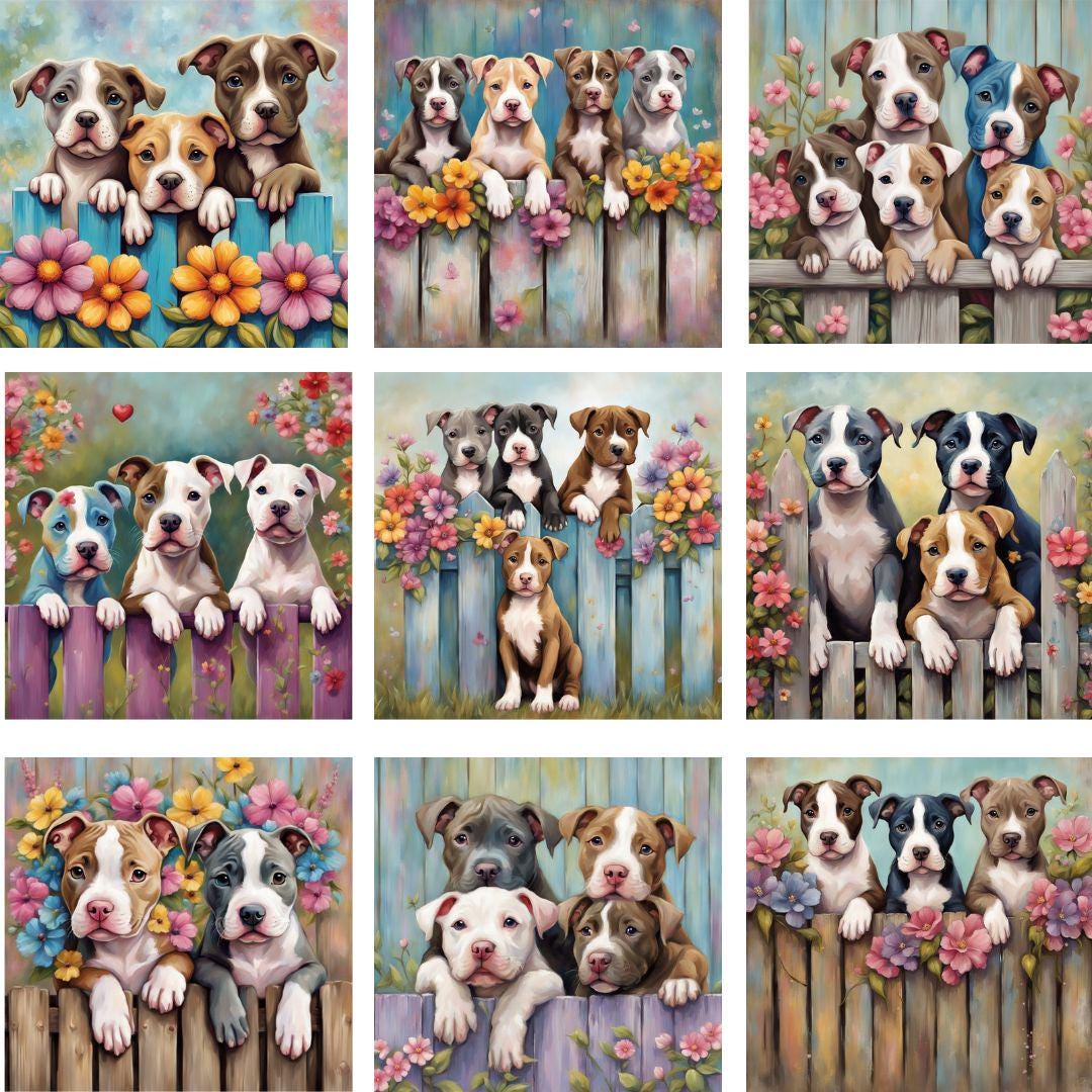 Pitbull Patterns Pit Bull Puppies Seamless Pattern: Floral Digital Paper (instant ...