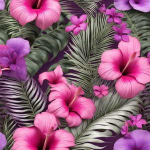 Peut inclure: Un motif sans couture composé de fleurs d'hibiscus roses et d'orchidées violettes avec des feuilles tropicales vertes sur un fond violet foncé.