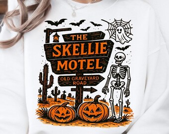Skellie Motel Halloween Shirt, Comfort Colors Spooky Skeleton Hotel Pullover Sweatshirt, Funny Haunted Mansion Skeleton Tee