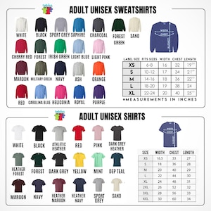 Puede incluir: Imagen de sudaderas y camisetas unisex para adultos en varios colores. La imagen incluye una tabla de tallas con medidas en pulgadas para sudaderas y camisetas. El texto incluye nombres de colores como blanco, negro y rojo.