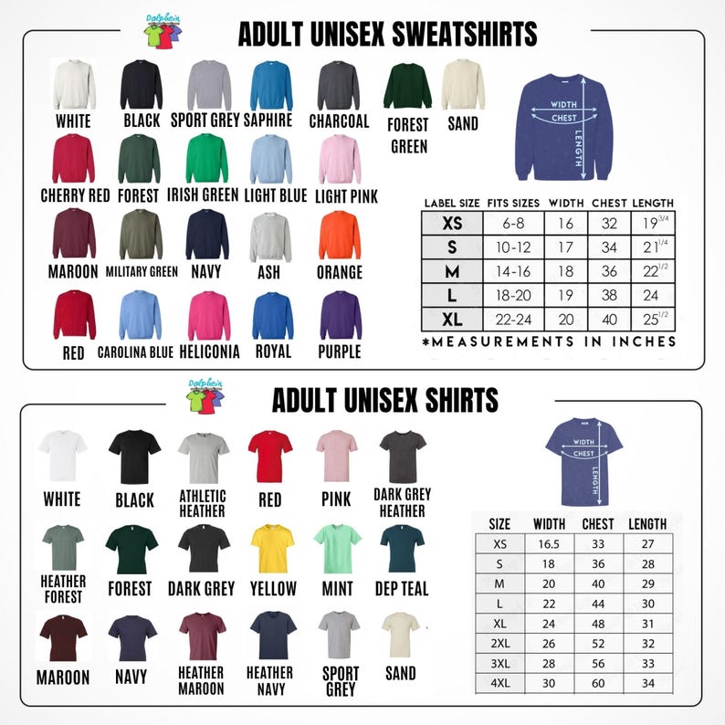 Puede incluir: Imagen de sudaderas y camisetas unisex para adultos en varios colores. La imagen incluye una tabla de tallas con medidas en pulgadas para sudaderas y camisetas. El texto incluye nombres de colores como blanco, negro y rojo.
