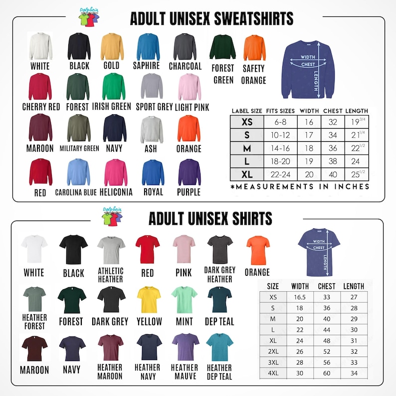 May include: A product image showcasing a variety of adult unisex sweatshirts and shirts in various colors. The image includes a size chart with measurements in inches for both the sweatshirts and shirts. The sweatshirts have a crew neck design.