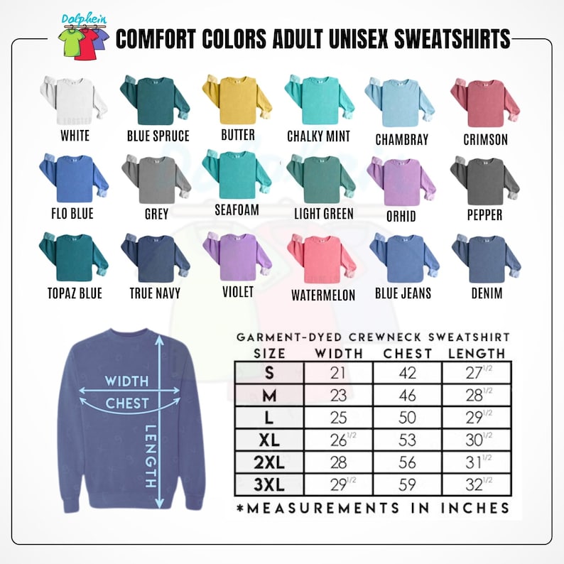Puede incluir: Una exhibici&oacute;n de sudaderas unisex para adultos Comfort Colors en varios colores, incluyendo blanco, azul abeto, mantequilla y menta tiza. La imagen tambi&eacute;n muestra una tabla de tallas con medidas en pulgadas para ancho, pecho y largo.