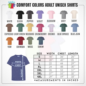 Puede incluir: Imagen de camisetas unisex para adultos Comfort Colors en varios colores, incluyendo blanco, negro y denim. La imagen muestra una tabla de tallas con medidas en pulgadas. El texto en la imagen dice "Comfort Colors Adult Unisex Shirts."