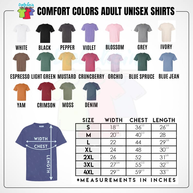 Puede incluir: Imagen de camisetas unisex para adultos Comfort Colors en varios colores, incluyendo blanco, negro y denim. La imagen muestra una tabla de tallas con medidas en pulgadas. El texto en la imagen dice "Comfort Colors Adult Unisex Shirts."