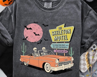 Skeleton Motel Halloween Shirt, Comfort Colors© Vintage Road Halloween Skeletons Shirt,Retro Spooky Shirt,Funny Halloween Tee,Halloween Gift