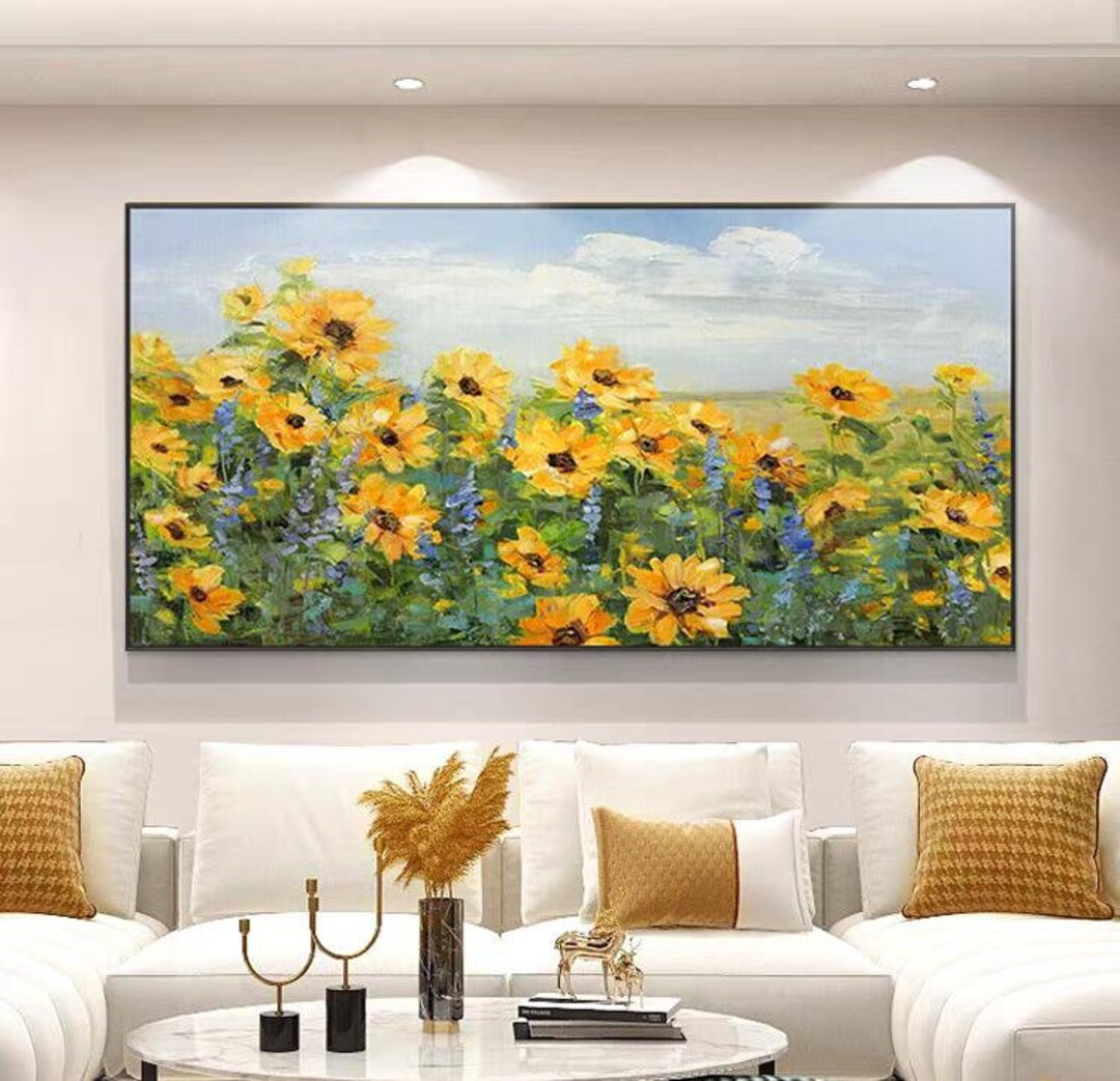 Sunflowers and Blue Sky Painting, Blooming Rustic Palette Knife Artwork ...