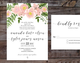 Floral wedding invitations, printed wedding invitations, watercolor wedding invitations, formal wedding invitations, vintage wedding invites