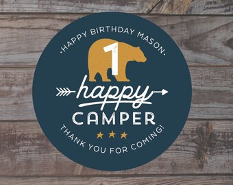 one happy camper birthday, 1st birthday party stickers, happy first birthday, birthday party labels party favor labels girl first birthday