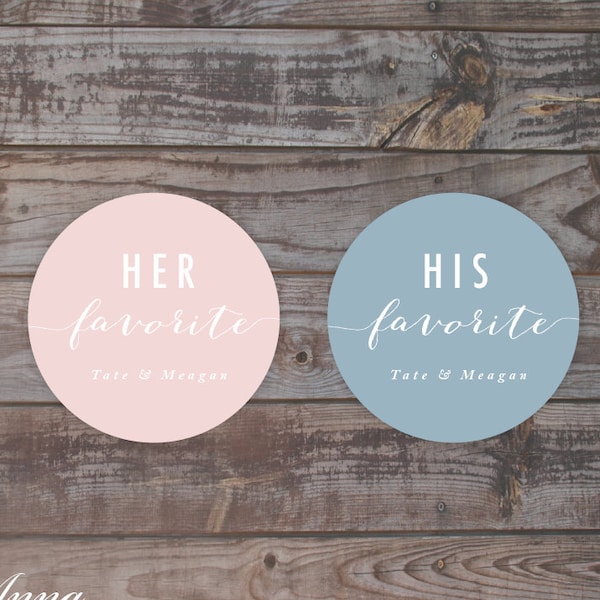 His and Her favorite wedding day favor stickers - customized wedding colors