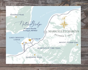 Map, hand drawn map, event map, wedding invitation map, illustrated map, Nature Bridge, itinerary