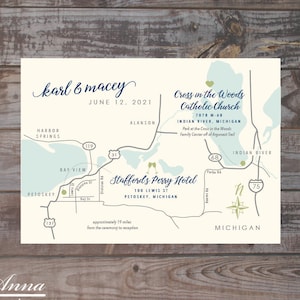 Wedding invitation map, event map, hand drawn, illustrated itinerary map for guests