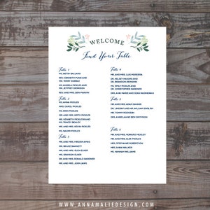 May include: A printable wedding seating chart with a floral design and the text "Welcome Find Your Table". The chart lists the names of guests assigned to each table.