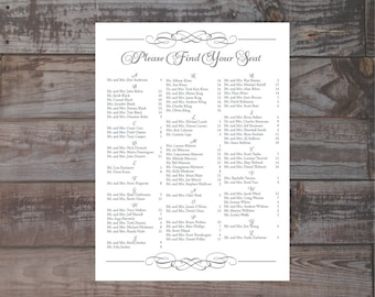 Formal alphabetized wedding seating chart, guest seating chart, please find your seat, table seating assignments, wedding reception signage