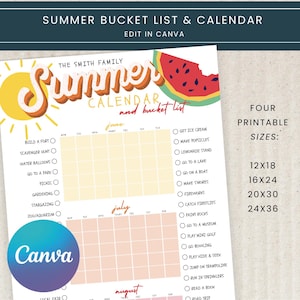 Printable Summer Calendar Poster, Summer Activities Calendar, Bucket List, Summer Checklist, Family Calendar, EDITABLE, Instant Download