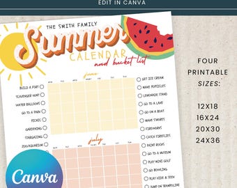 Printable Summer Calendar Poster, Summer Activities Calendar, Bucket List, Summer Checklist, Family Calendar, EDITABLE, Instant Download