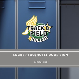 May include: A green and yellow locker tag or hotel door sign with the text "Track & Field Collin". The design features a stylized running shoe with wings and a star.