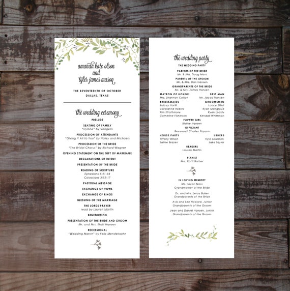 floral wedding program wedding ceremony programs printable etsy