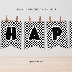 Black and white checkered birthday banner printable, racing party birthday banner, Checkered flag party decoration, Digital downloa bunting