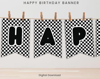 Black and white checkered birthday banner printable, racing party birthday banner, Checkered flag party decoration, Digital downloa bunting