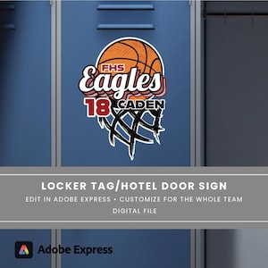Puede incluir: Un letrero de taquilla o puerta de hotel con temática de baloncesto con el texto "FHS Eagles 18 Caden" y un gráfico de baloncesto. Es un archivo digital, personalizable con Adobe Express.