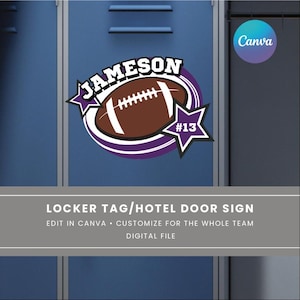 May include: A purple and white locker tag with a football and a star. The tag says "JAMESON #13" and "LOCKER TAG/HOTEL DOOR SIGN EDIT IN CANVA CUSTOMIZE FOR THE WHOLE TEAM DIGITAL FILE".