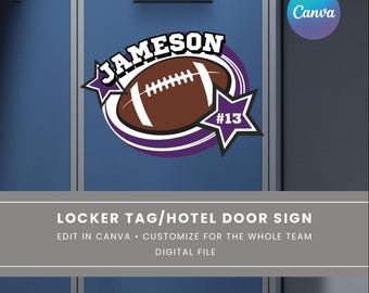 Etiqueta de casillero de fútbol, letrero para puerta de hotel, etiqueta con nombre para decoración de casillero, letrero de equipo de viaje, letrero recortado de fútbol, plantilla personalizada de Canva