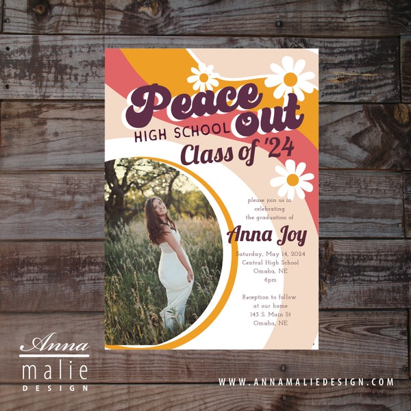 Retro Graduation invitation, peace out high school, graduation invite, high school graduation, class of 2024, editable templett, digital