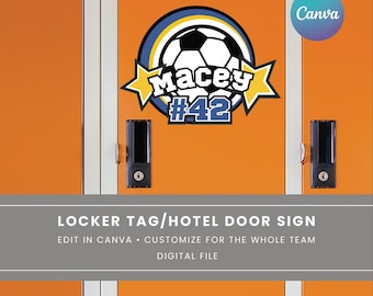 Letrero de casillero de baloncesto, letrero para puerta de hotel, etiqueta con nombre para decoración de casillero, letrero de equipo de viaje, letrero recortado de baloncesto, plantilla personalizada de Canva