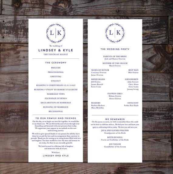 Navy Wedding Program Wedding Ceremony Program Monogram Etsy
