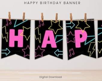 Neon Happy Birthday Banner | Glow Party Printable Decor | Digital Download Birthday Banner | 80s 90s Party Decoration
