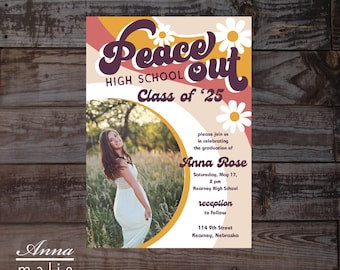 Retro Graduation invitation, peace out high school, graduation invite, high school graduation, class of 2025, editable templett, digital