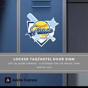 SOFTBALL Cartello porta hotel, targhetta decorativa armadietto, adesivo squadra di viaggio, modello personalizzato, targhetta squadra softball, cartello scuola baseball