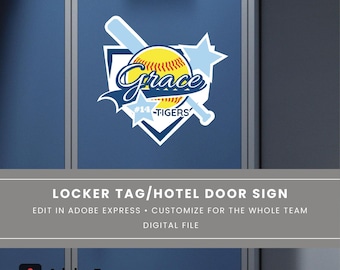 Placa de porta de hotel de SOFTBALL, etiqueta de nome para decoração de armário, adesivo de equipe de viagem, modelo personalizado, etiqueta de equipe de softball, placa de escola de beisebol